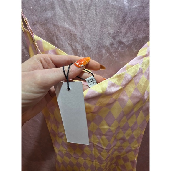 Olivia Rubin Silk Aubrey Harlequin Diamond Satin Slip Midi Dress Pink Yellow 0 - Picture 4 of 7
